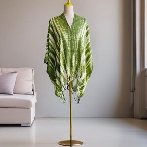 0057/ Green White Kimono Cover up, Beach Outer with Fringes